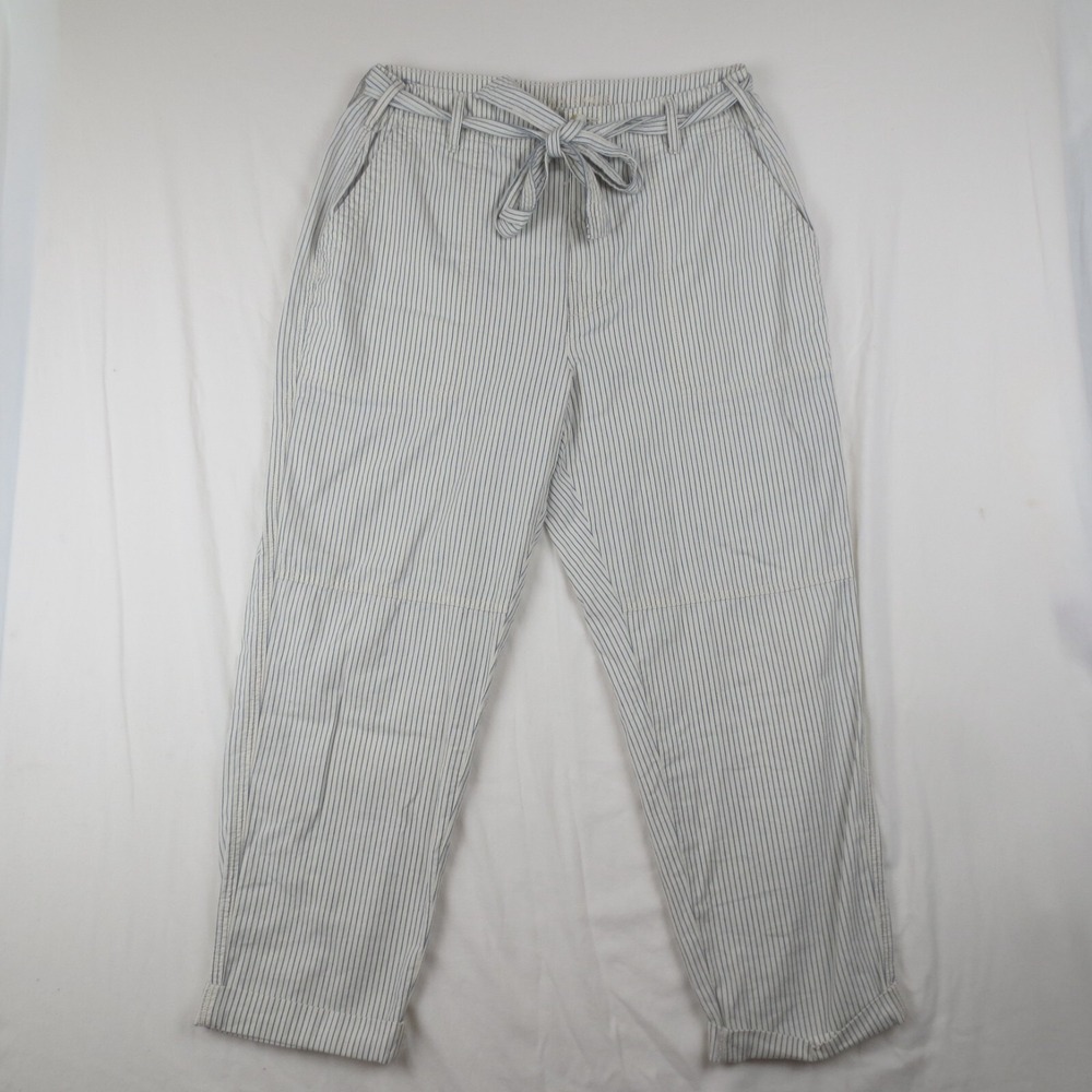 American Eagle Pants Womens 14 White Blue Striped Relaxed Fit Cuffed Belted Crop